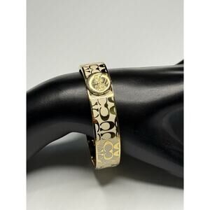 Coach Legacy Signature C Hinged Bangle Cream White Enamel Gold Toned Signature